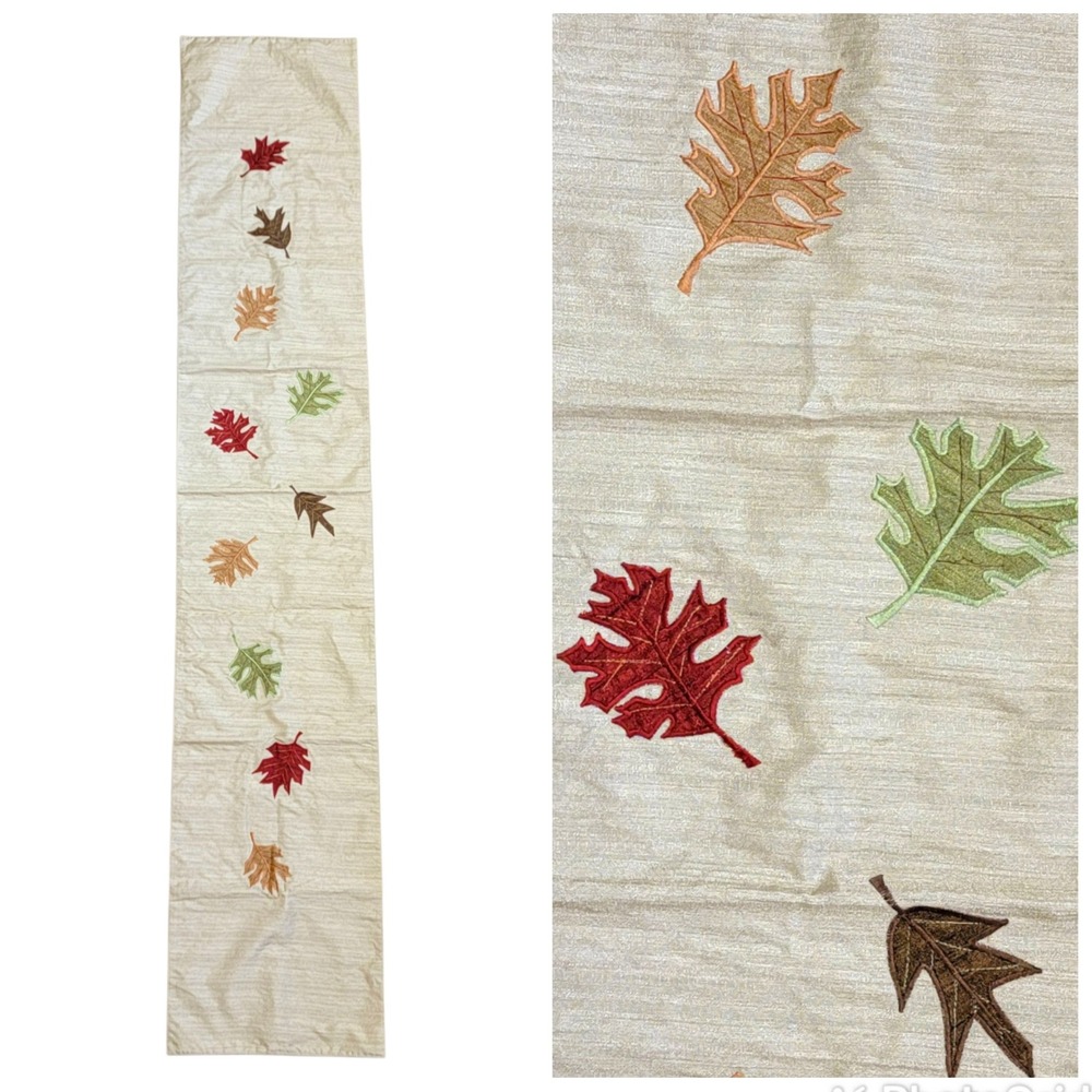 Harvest Moon Fall Leaves Table Runner 70" Embroidered Brown Red Green Autumn